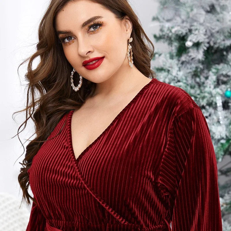 Maxy Plus Size Long Sleeve Elegant Spring Autumn Midi Velvet Wrap Dress Tie Waist V-neck Formal Night Out Party Dress Christmas Dress