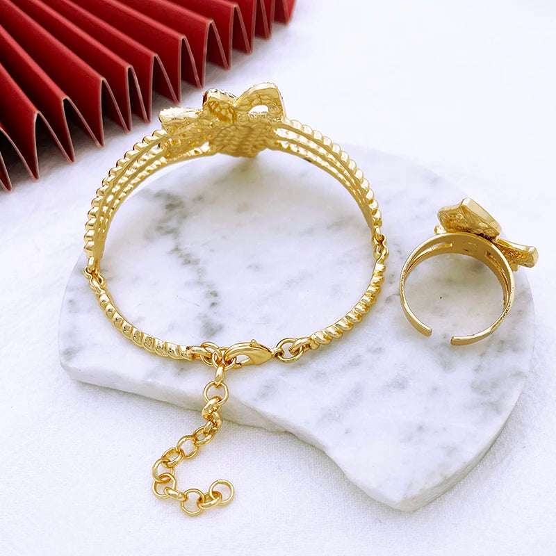 Vintage Women Jewelry Set Dubai Necklaces Earrings Ring Bracelet 18K Gold Plated 4Pcs Jewelry Nigeria Trending High Quality