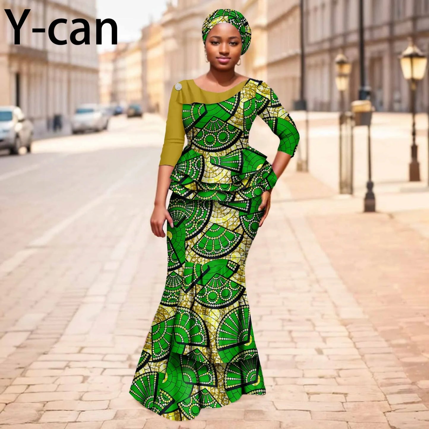 Maxy New African Dresses for Women Dashiki Print Patchwork Top and Mermaid Skirt Match Turban Traditional Wedding Party Dress 2526004