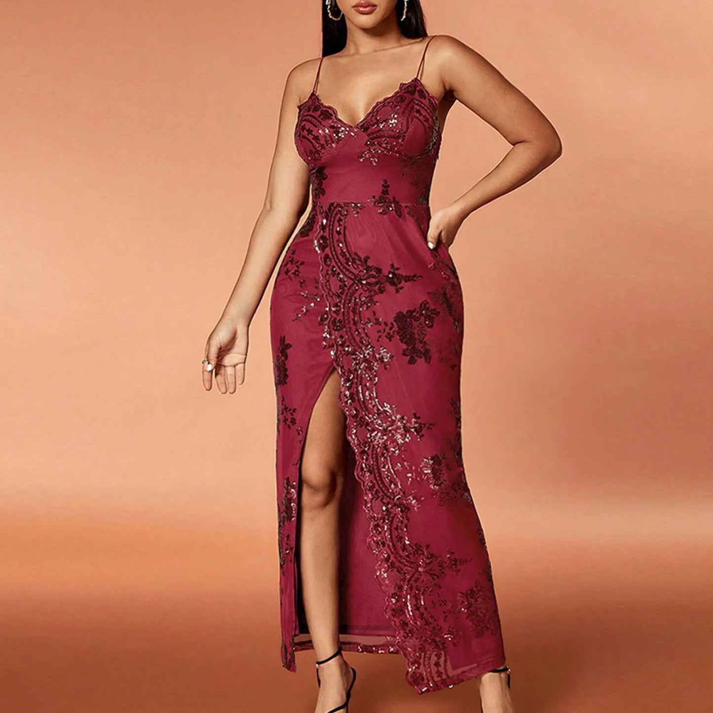 Babs Sequin Dress For Women Solid Color Spaghetti Strap Deep V Neck Side Slit Embroidery Dress Women Elegant Party Dresses