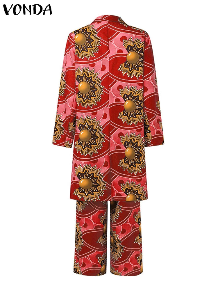 Maxy Plus Size Women Elegant Long Sleeve Printing Two Piece Sets Holiday Bohemian Outfits Fashion Casual Simple 2pc Suits