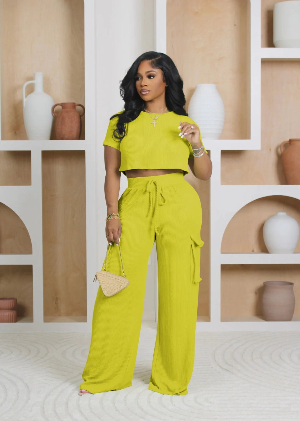 Maxy Casual Women's Suit Summer Short-Sleeved Crewneck Top And Wide-Leg Pant Outfits Solid Color Ladies Two-Piece Set