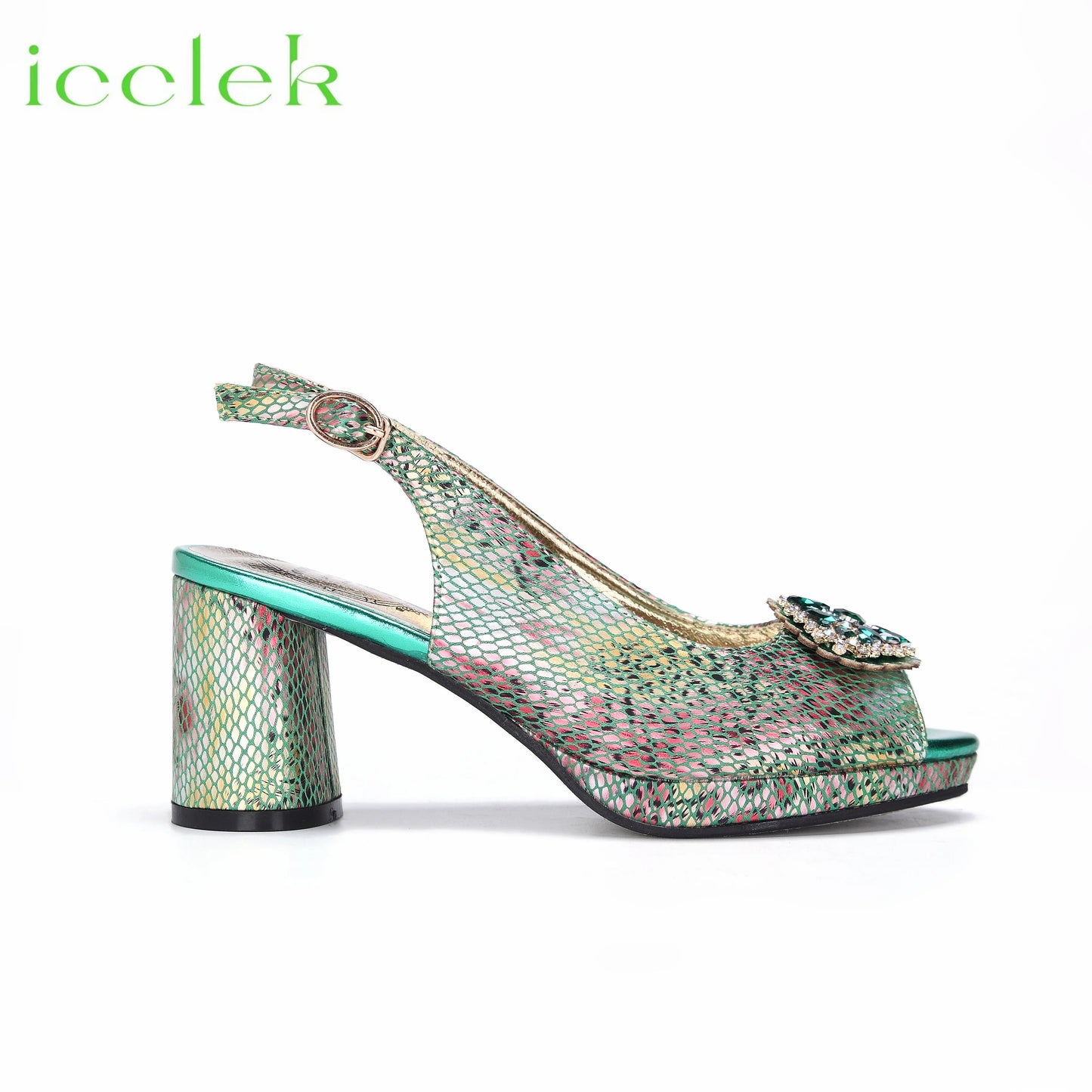 Babs High Quality Peep Toe Snake Pattern Special Design Ladies Party Shoes Matching Bag Set in Green Color