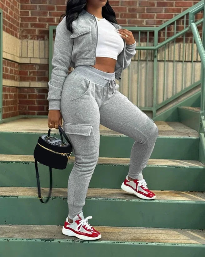 Two Piece Set Women Outfit Autumn Fashion Baseball Collar Plain Crop Zipper Sweatshirt Jacket & Drawstring Cuffed Sweatpants Set