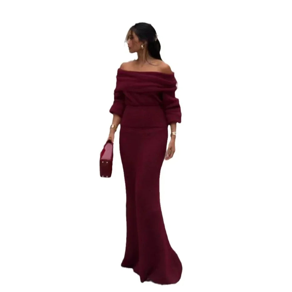 Maxy Elegant Red Off Shoulder Pleated Knit Dress for Women Chic Slash Neck Backless Long Sleeve Robe 2024 Autumn Lady Party Gown