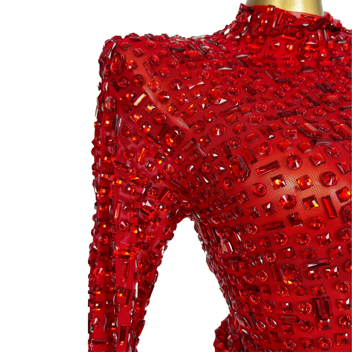 Maxy Red Diamonds Dress See Through Long Sleeve Evening Dress Festival Clothing Rhinestone Prom Gowns  Special Occasion Dress Gesebei