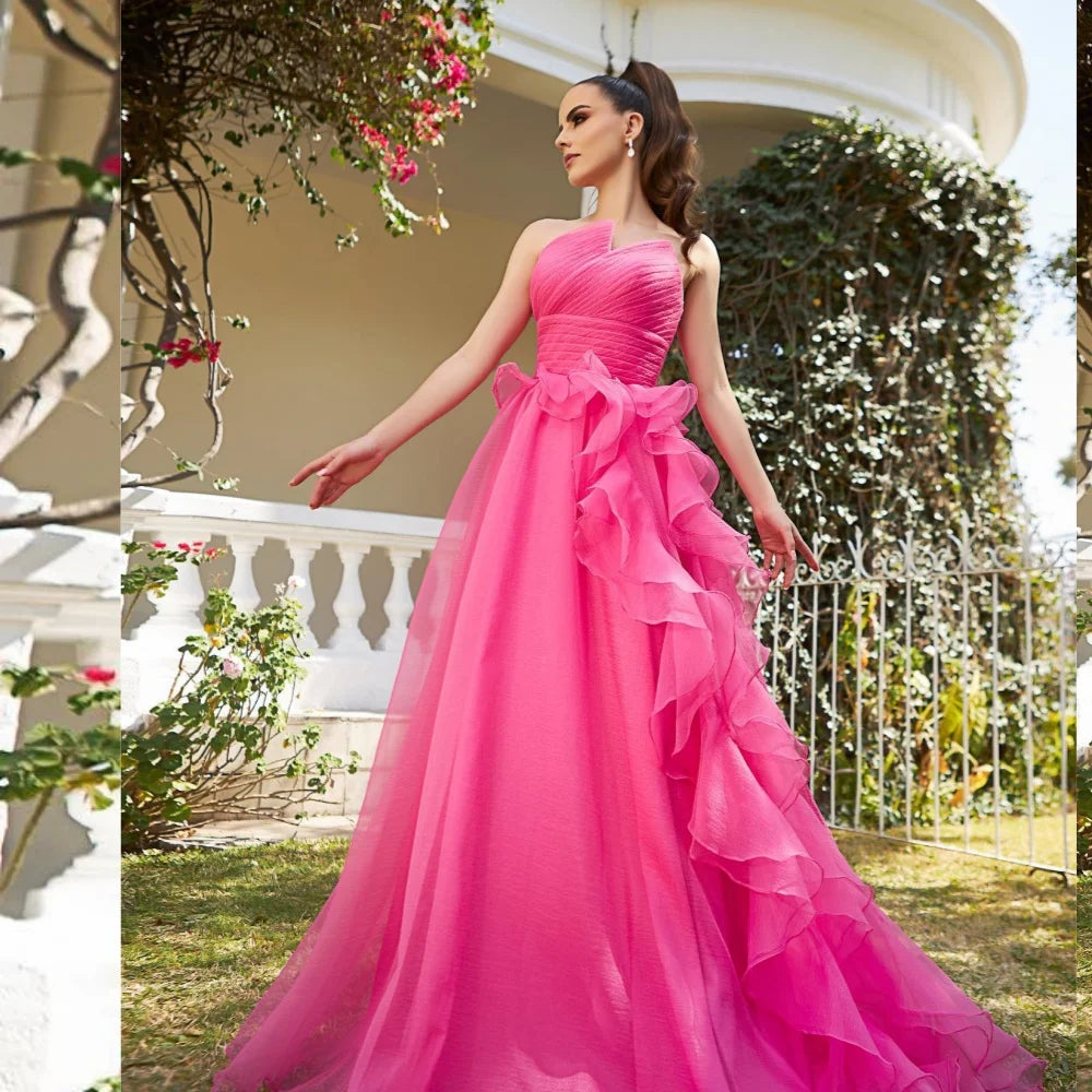 Maxy Customized Tulle Rached A-line Strapless Long Dresses Evening Dresses Formal Casual Simple Retro Fashion Elegant Exquisite