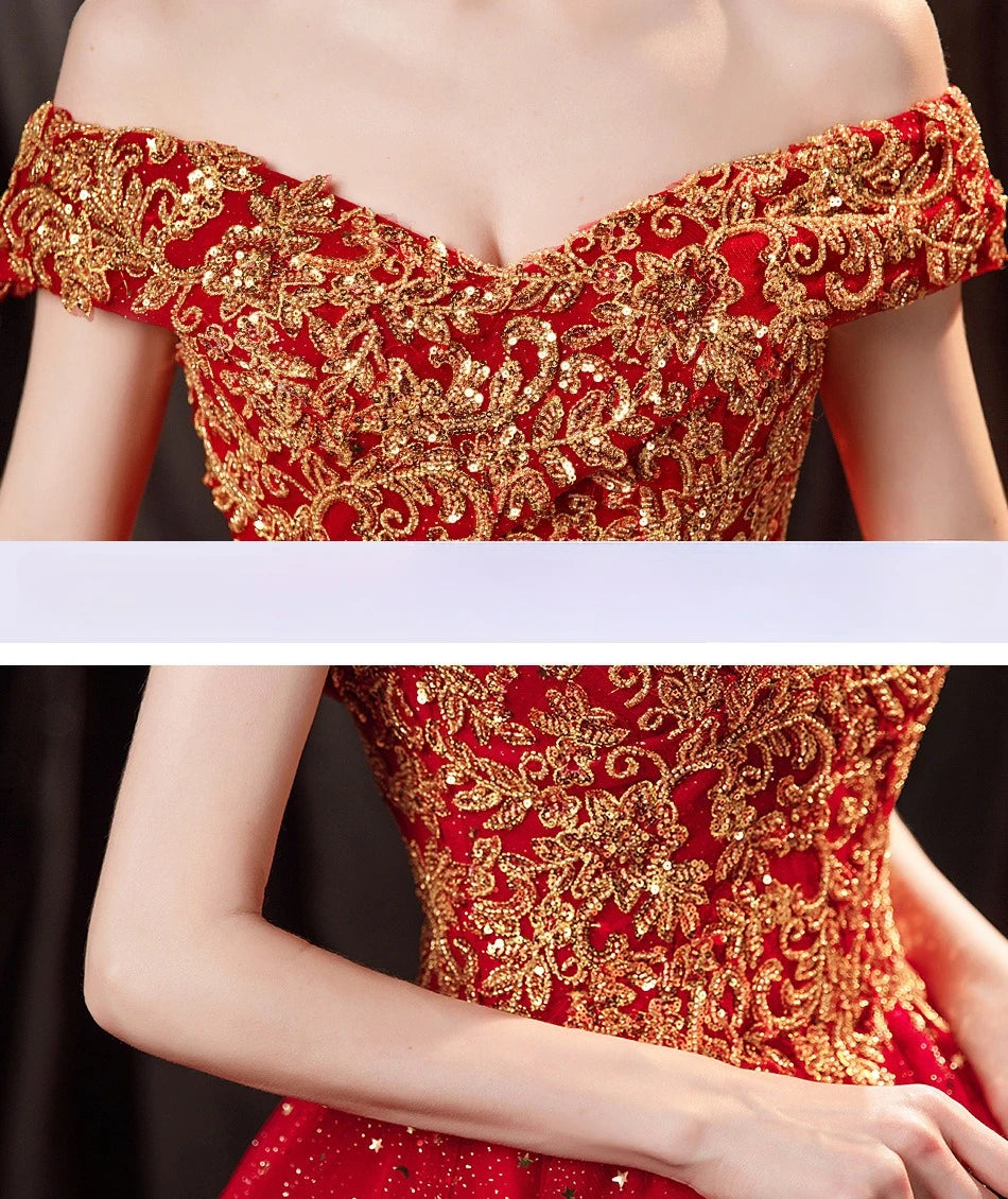 Maxy New Sparkling Gilded Red Glitter One Shoulder Bridal Wedding Toast Evening Dress Fashion Stage Performance Big Pendant Dress