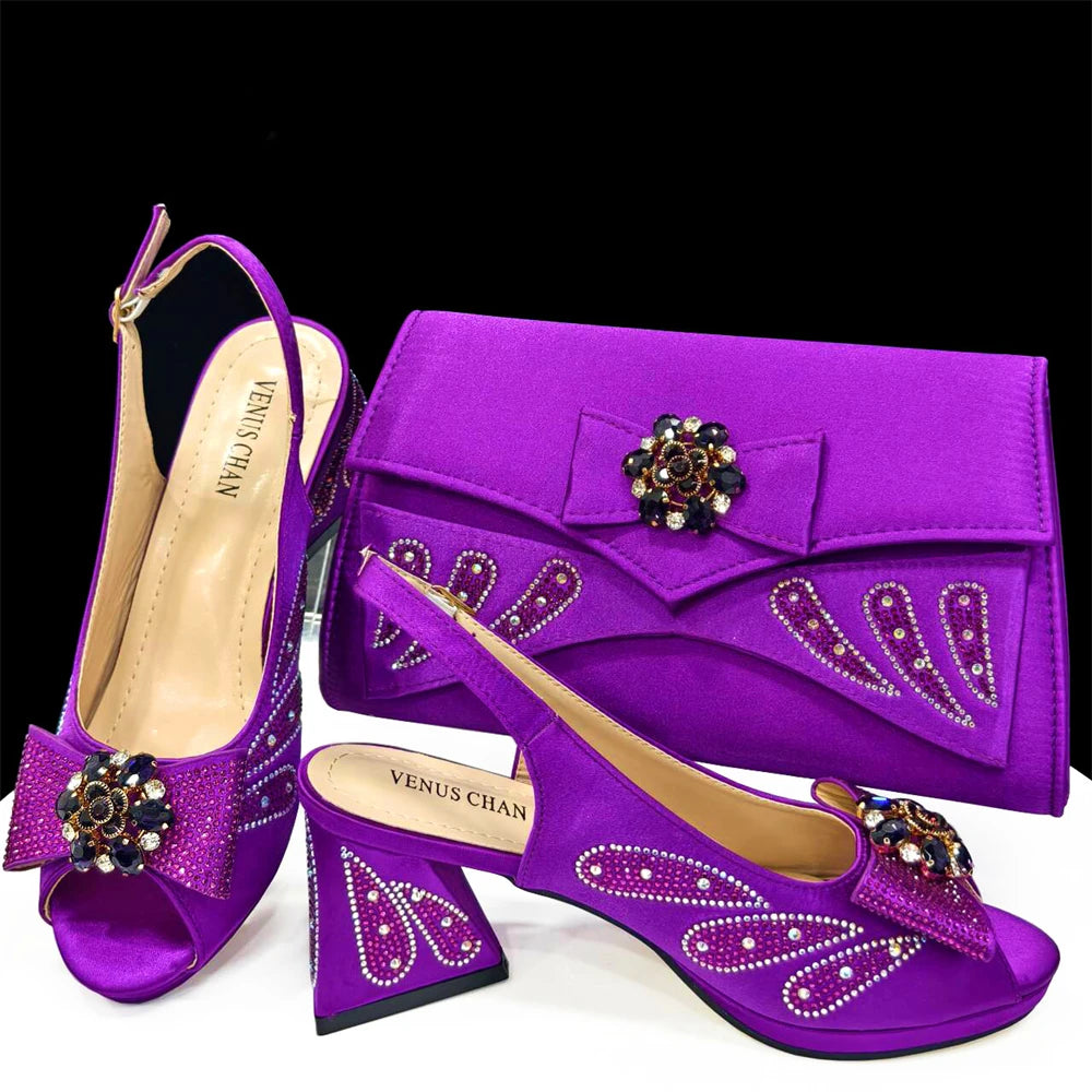 Maxy Shoes And Bag Sets for Evening Party with Stones Italian Leather Handbags Match Bags!