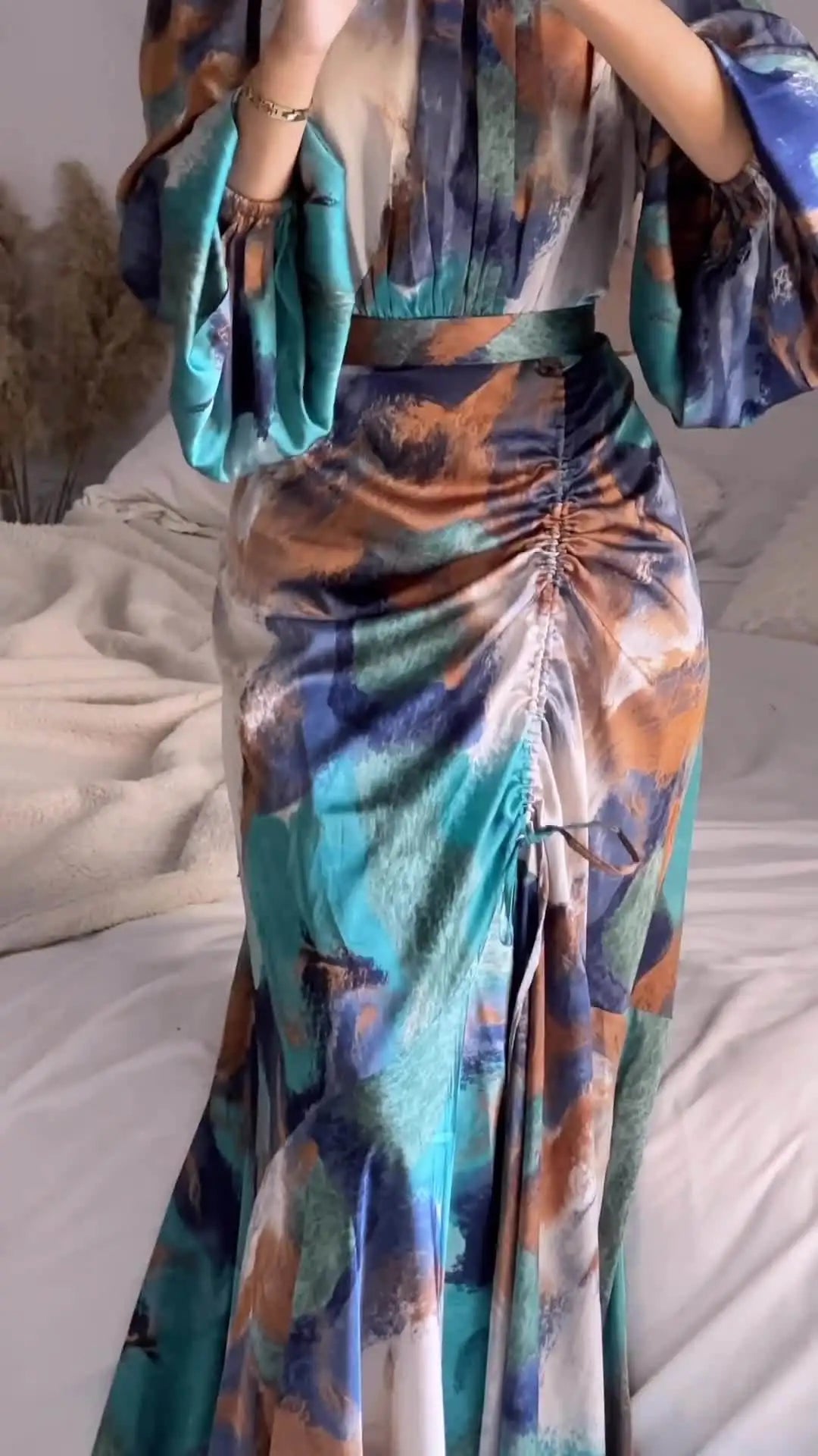 Maxy Women Exotic Floral Printed Muslim Dress Long Skirt with Pleated Waist Spring Fashion Long Sleeve Casual Abayas Dubai Turkey