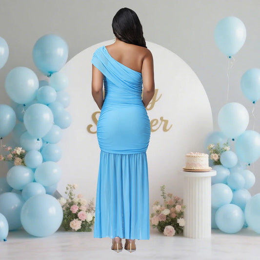 Maxy Maternity One Shoulder Sleeveless Dress Rouched Bodycon Side Split Party Evening Gown for Photoshoot Baby Shower