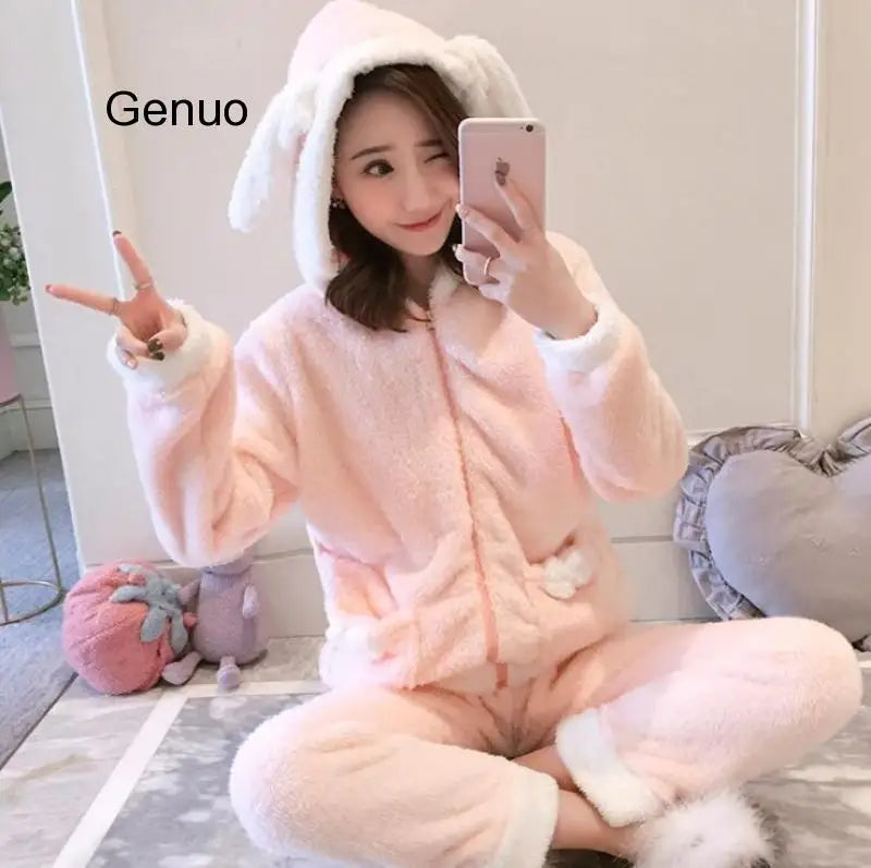 Winter Thick Warm Flannel Pajamas Sets For Women Sleepwear Pajama Homewear Pyjamas Set Cartoon Cute Warm Hooded Rabbit Gowns