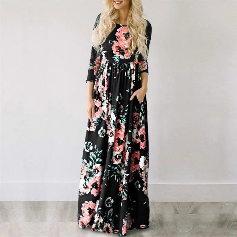 Maxy Women Summer Long Dress Floral Print Boho Beach Dress Ladies White Maxi Evening Party Dress Sundress