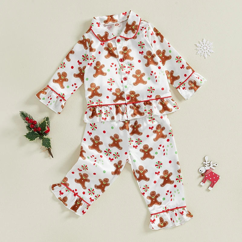 Babs Girl 2Pcs Christmas Pajamas Long Sleeve Gingerbread Print Shirt Pants Set Toddler Sleepwear