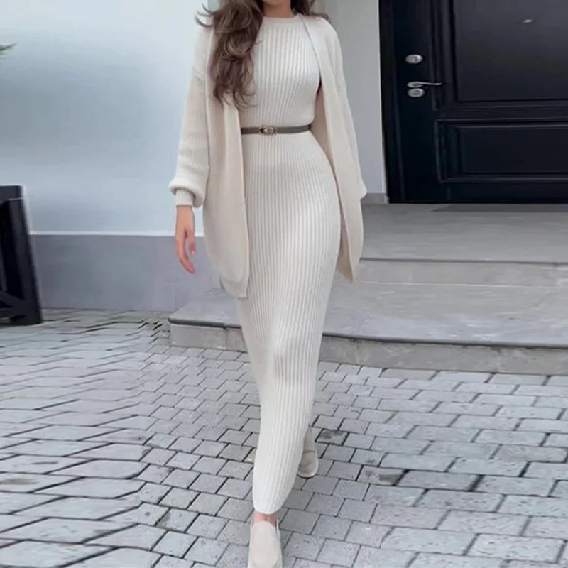 Maxy Knitted 2 Piece Sets Women Fashion Cardigan Long Dress Matching Set Casual Autumn Winter Clothing Womens Outfits Tracksuit