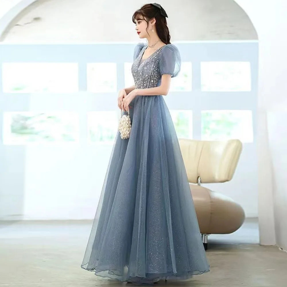 Maxy Puff Sleeve Long Prom Evening Dress for Women Mesh Party Formal Host Princess Evening Dresses Woman Elegant Glitter Party Gown