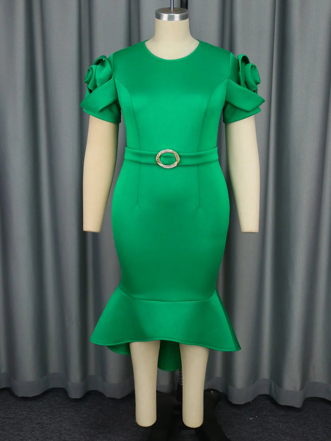 Retro Women's Slim Fit Dress Green Three-dimensional Rose Short Sleeved Slim Fit Mid Waist Professional Business Midi Dresses