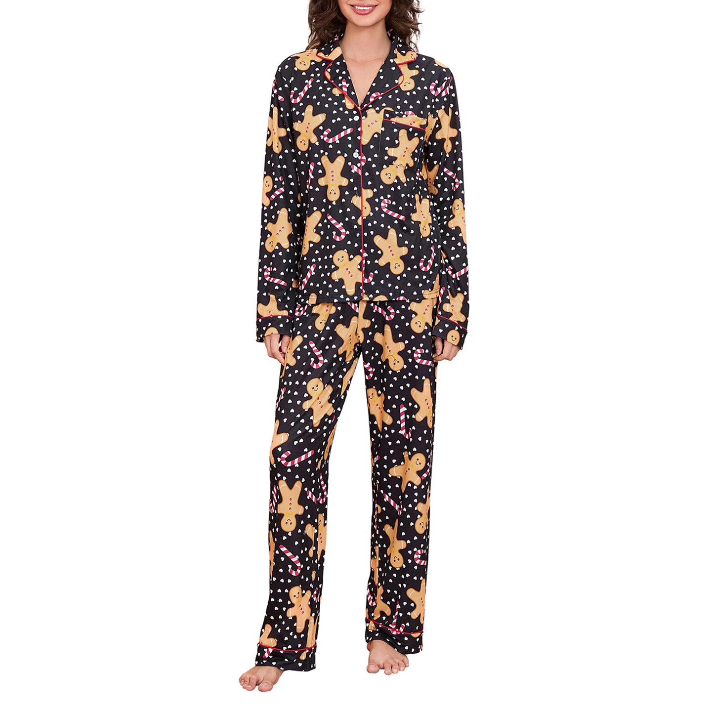 Womens Christmas Max Print Pajamas Set Long Sleeve Turn-down Collar Tops and Pants Loungewear Set