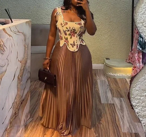 Maxy Vintage French Court Style Long Dress Set Y2K Fresh Floral Print Waist Cinched Vest Top High Waist Pleated Skirt Two-Piece Set