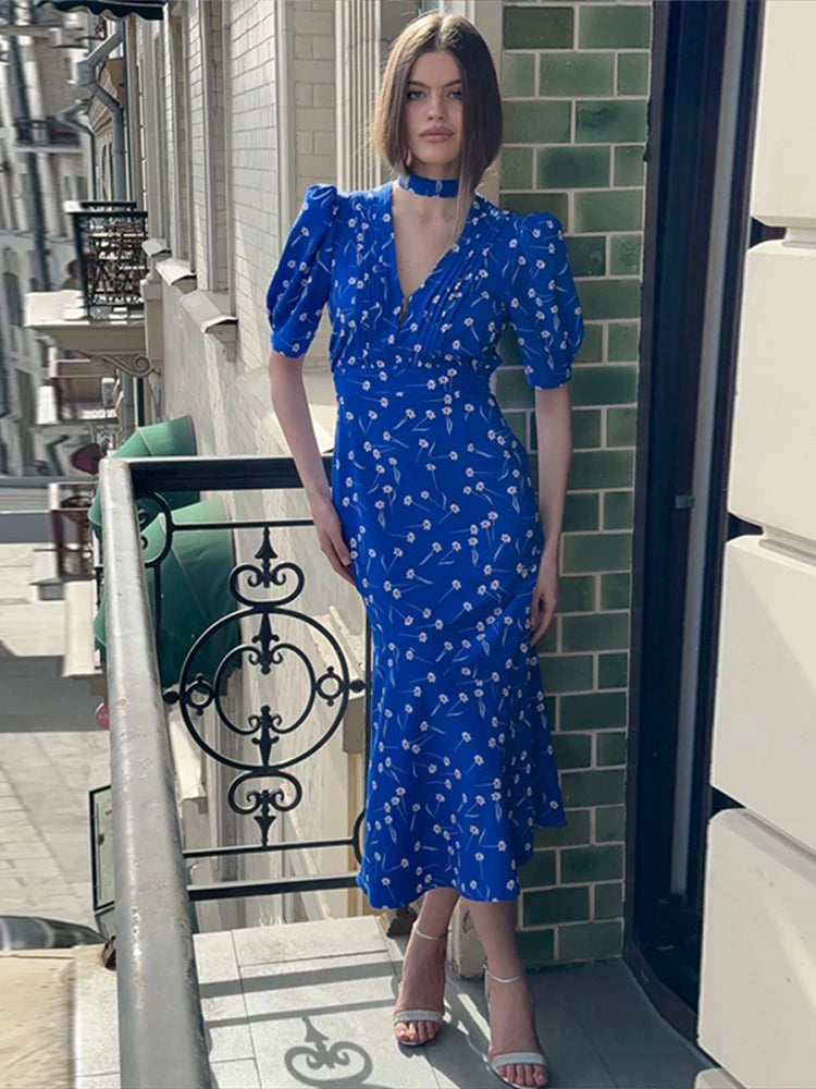 Maxy Print Deep V Shoulder Pad Long Dress Women Elegant Short Sleeve Waist Cinching Hip Package Sheath Party Dresses New Summer Robes
