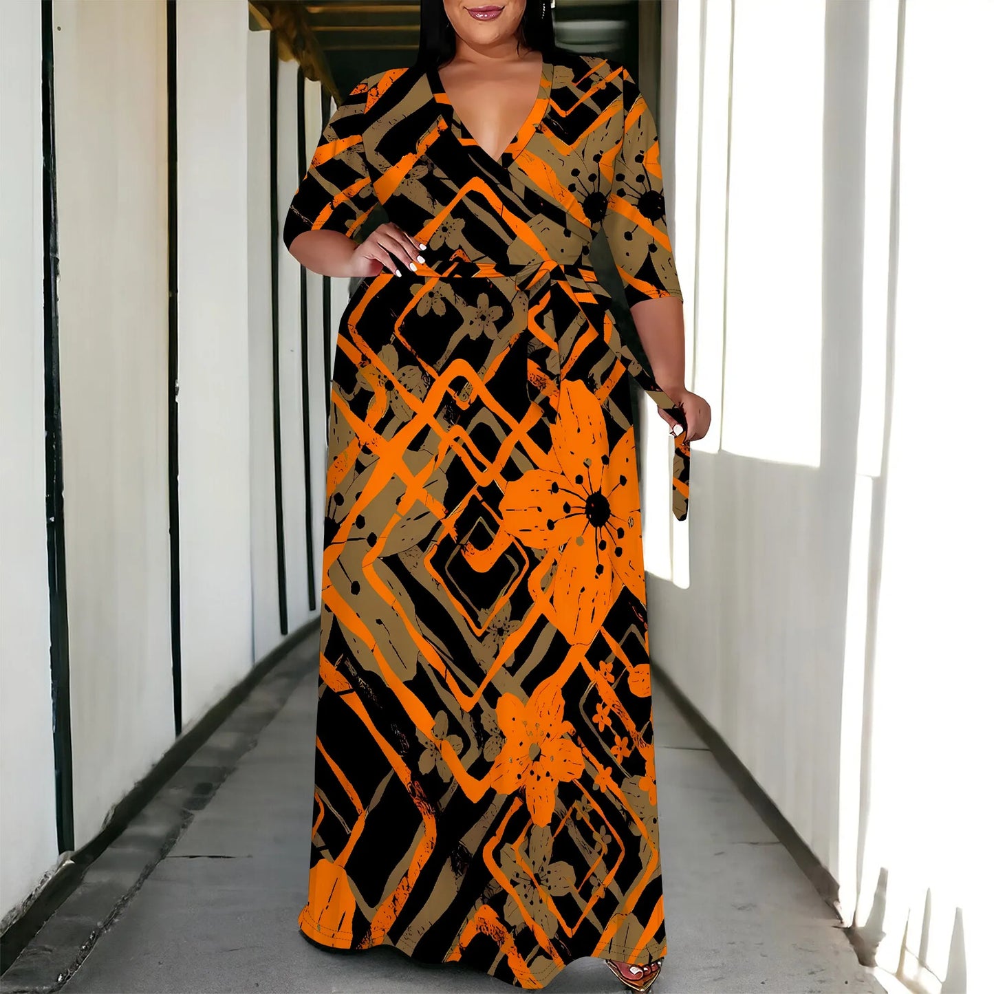 Maxy Plus Size for Women Summer Casual Floral Printing V Neck 3/4 Sleeve Maxy Floor Dress Lace Up Beach Sundress