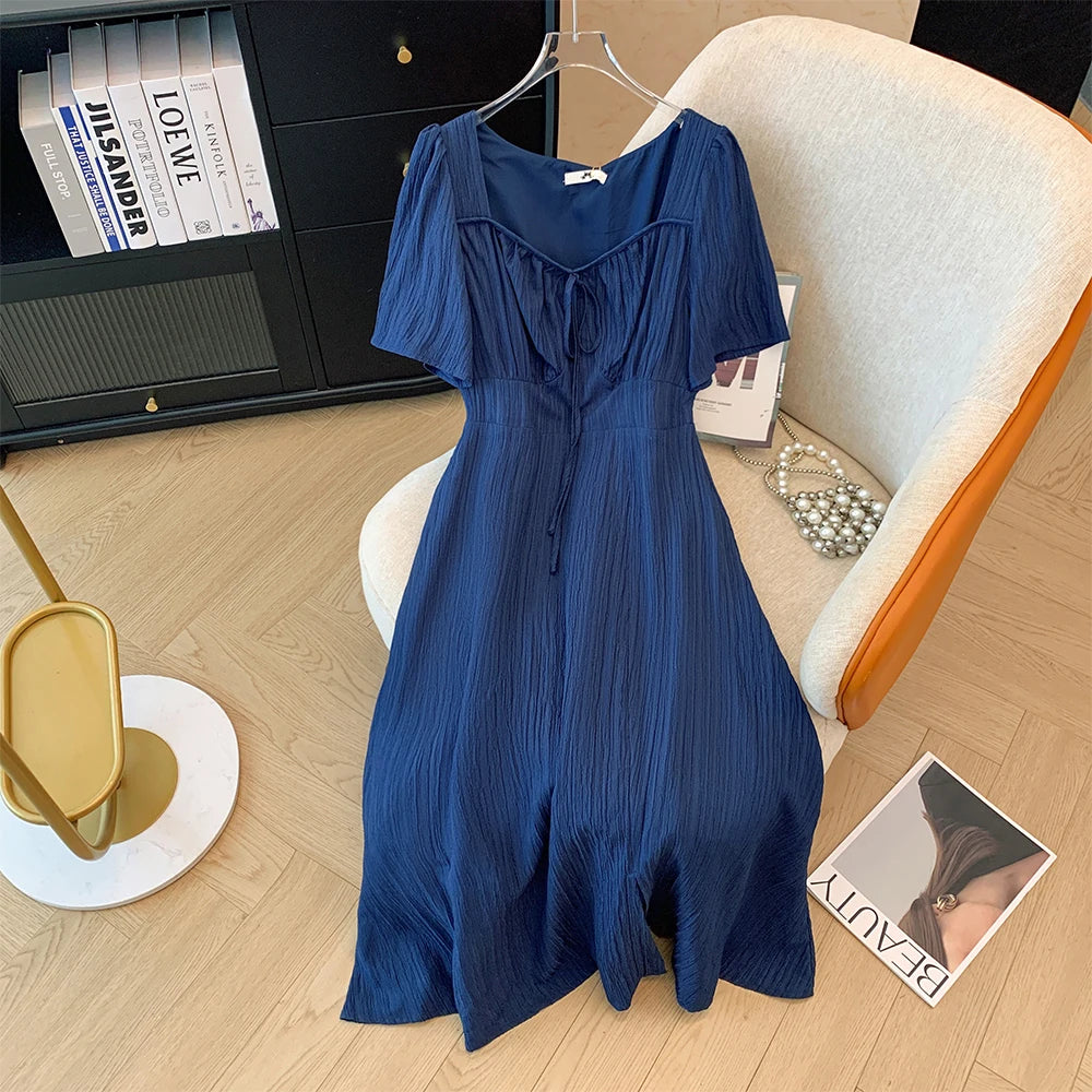 Maxy Plus Size Blue Pleated Short Sleeve Dress 2024 Summer New Simple Casual Loose Holiday Party Medium length dresses for woman