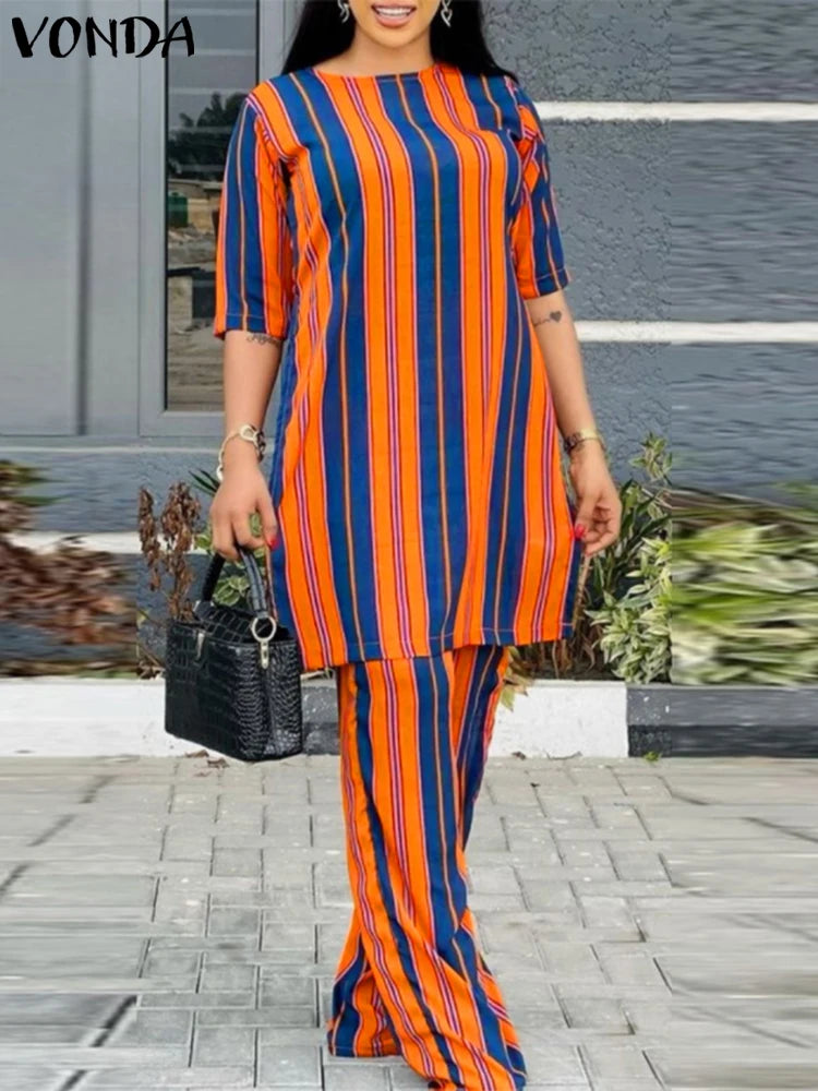 Maxy Women Pants Sets Summer Matching Sets Vintage Striped Suits Casual Loose Half Sleeve Tops and Pants Oversized