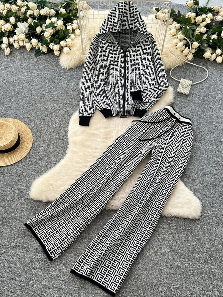 Maxy 2 Piece Sets Women Outfit Autumer Winter Tracksuit Knit Cardign Hooded Wide Leg Pant Sets New Two Piece Casual Loose Suit Office