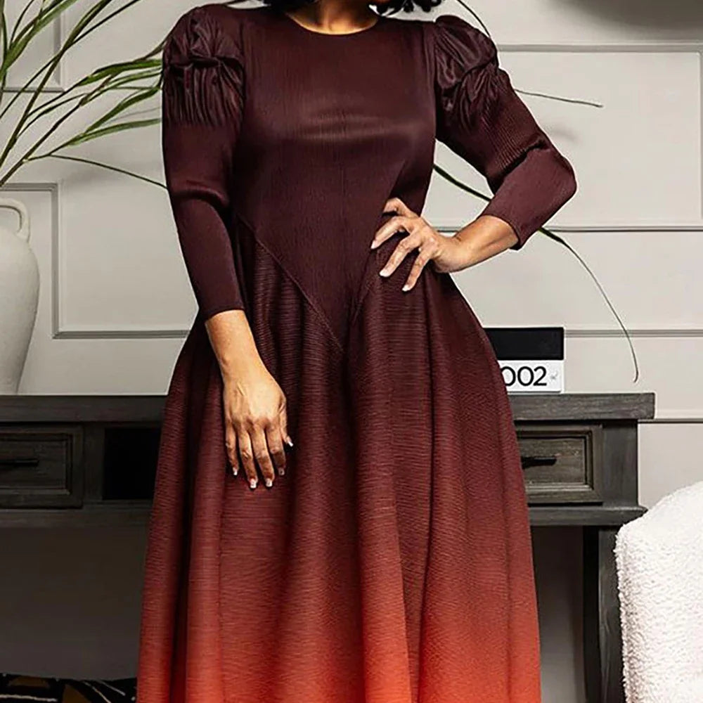 Maxy Plus Size Women's Formal Dress Coffee Slim Fashion Gradient Long Sleeve Round-neck Maxy Dress