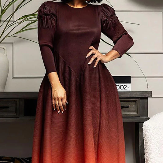 Maxy Plus Size Women's Formal Dress Coffee Slim Fashion Gradient Long Sleeve Round-neck Maxy Dress