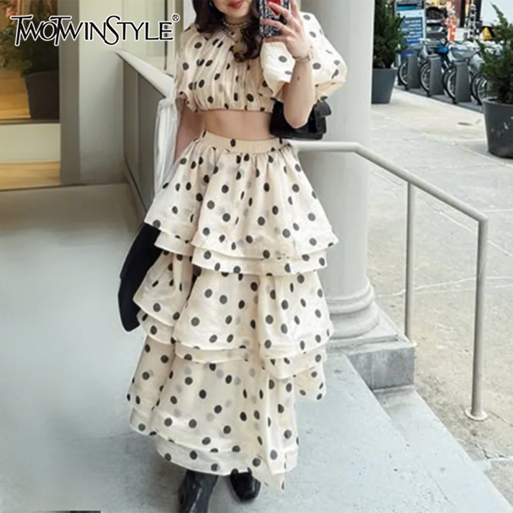 Maxy Polka Dot Two Piece Set for Women O Neck Short Sleeve Top High Waist Temperament Skirt Sets Female