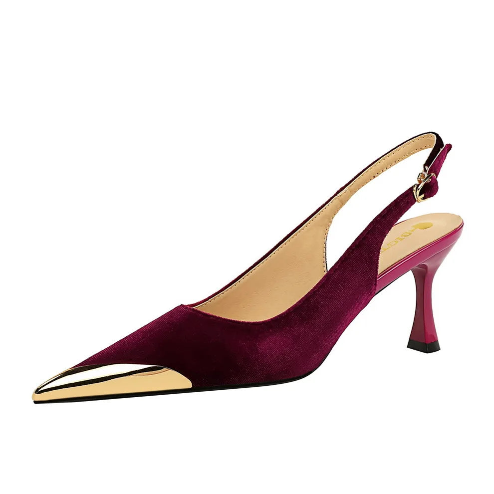 Women 7cm High Heels Green Burgundy Slingback Strap Pumps Lady Metal Toe Velvet Kitten Low Heels Nightclub Evening Party Shoes