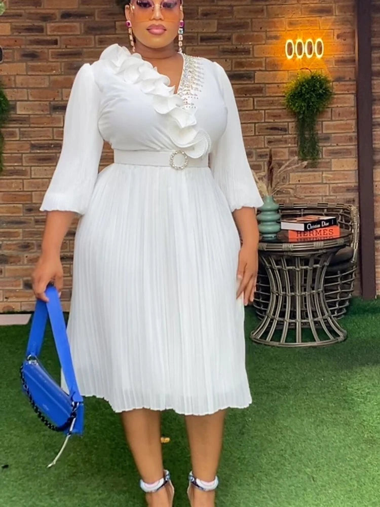 Amay Elegant Solid Color A-Line Dress with Tiered Design and Three Quarter Sleeves Featuring Rhinestone Details Party Evening Wear