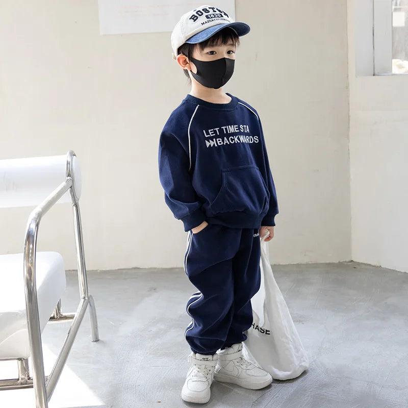 Maxy Boys Sweatshirts +Pants Kids Suits Tracksuit 2PCS/Set 2024 Navy Blue Spring Autumn Cotton Outfits Sport Teenagers Children Cloth