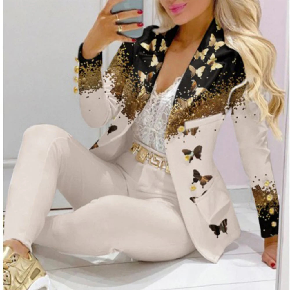 Maxy Fashion Butterfly Print Blazer Suit and Pants Two Piece Set for Women Autumn Winter Outfit Office Lady Casual Clothing