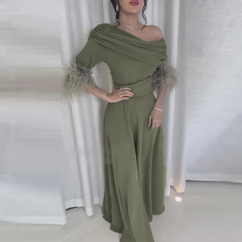 Amay Fashion Lady Diagonal Collar Party Jumpsuit Simple Elegant High Waist Pleat Pants One Piece Women Solid Patchwork Feather Romper