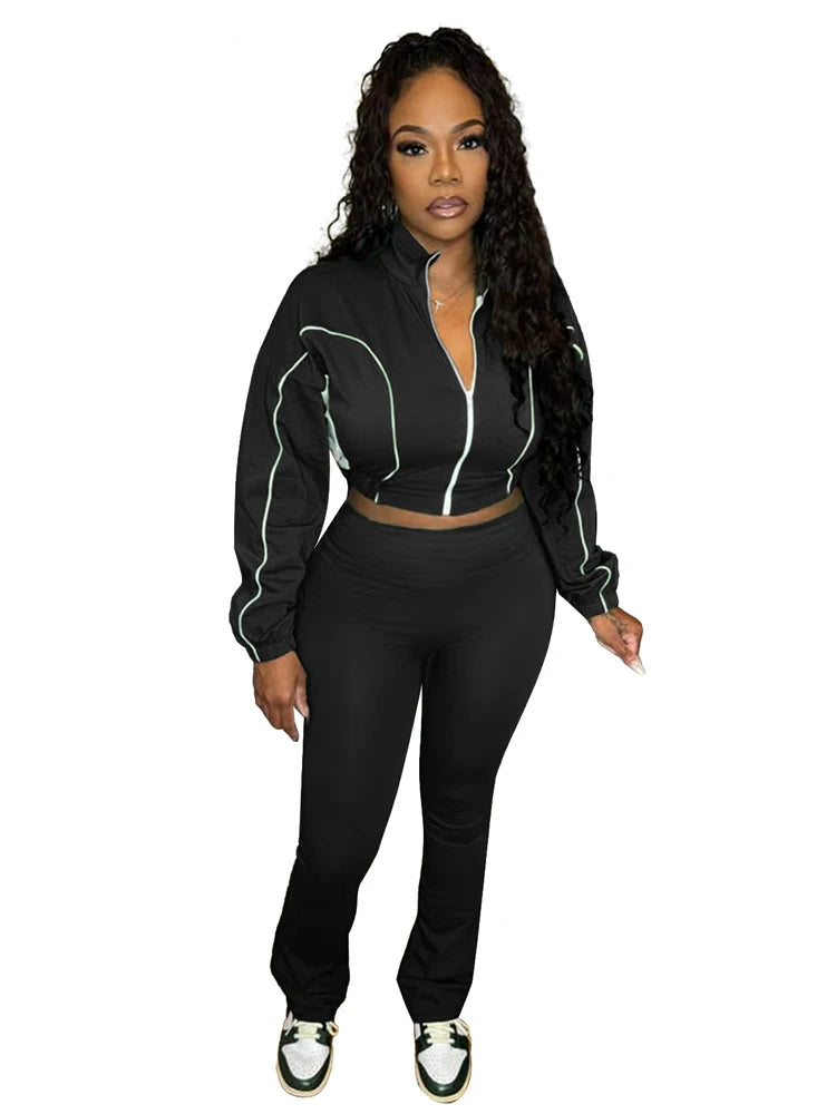 Maxy Trendy Women Clothes Contrast Color Tracksuit Zip Crop Jacket and High Waist Flare Pants Suit Sports Gym 2 Two Piece Set