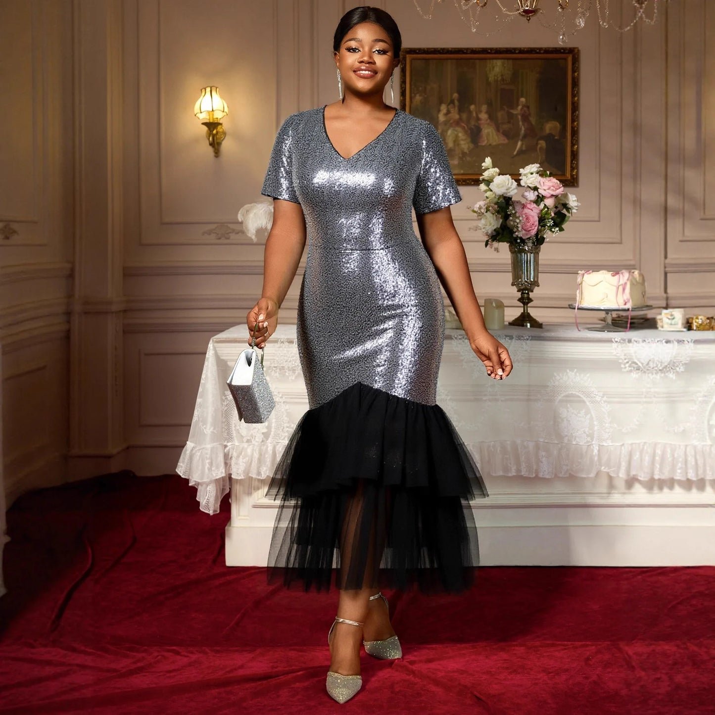 Maxy L-4XL Dresses for Women Sequin Autumn Short Sleeve V-neck Silver Party Evening Long Dress Muslim Abaya