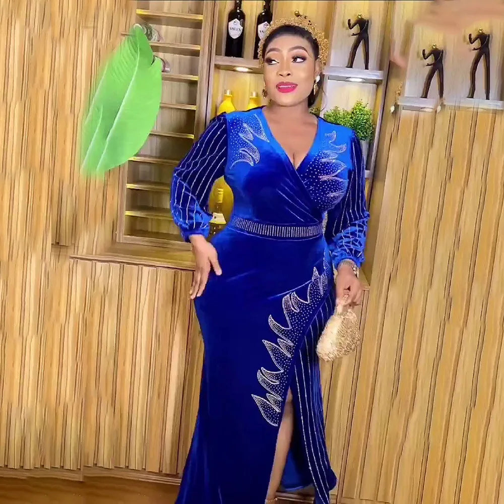 Plus Size African Women Velvet Diamonds Bodycon Marmaid Dress Dubai Kaftan Muslim Dresses Africa Ankara Dashiki Party Gown Robe