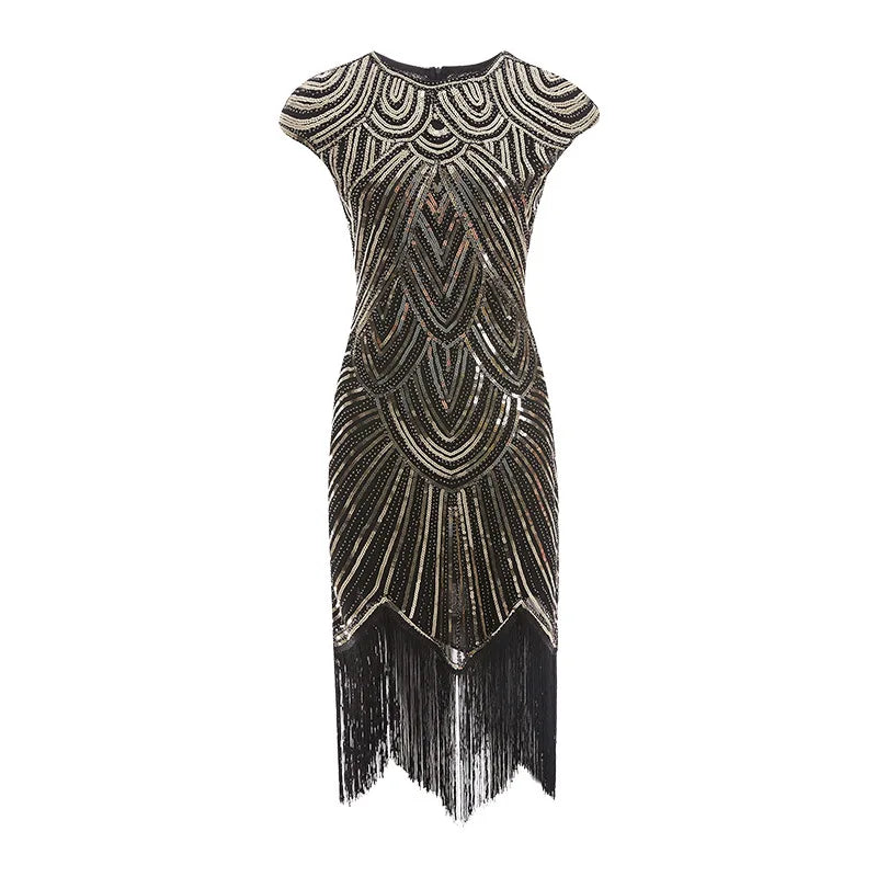 Maxy Vintage Glitter Evening Party Dress For Women Sequin Bead Embroidery Tassel Prom Gown Gala Dress Summer Art Deco Retro Black