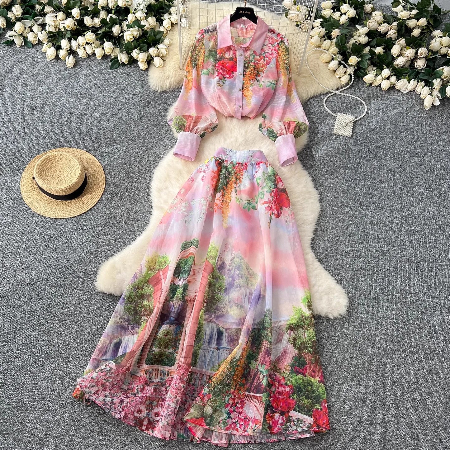 Maxy High Quality Women Summer Boho Floral Print Skirt Set Long Sleeve Blouse Top+High Waist Pleated Maxi Skirt Two Piece Suits