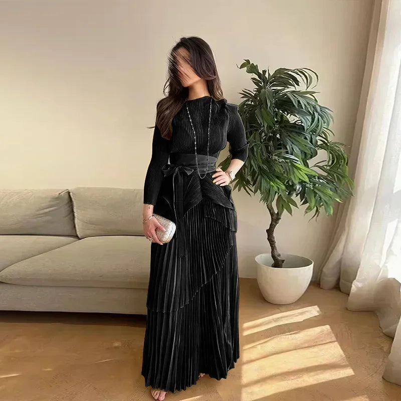Amay Pleated Irregular Lantern 2 Piece Set Skirt + Long Swing Dress Set Autumn Solid Long Sleeved Lace Up Design Two Piece Set