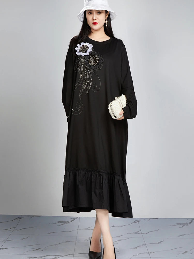 Maxy SHENGPALAE Trendy Embroidered O-Neck Long Sleeve Straight Tube Robe Summer New Versatile Loose Elegant Women's Dress 5C1368