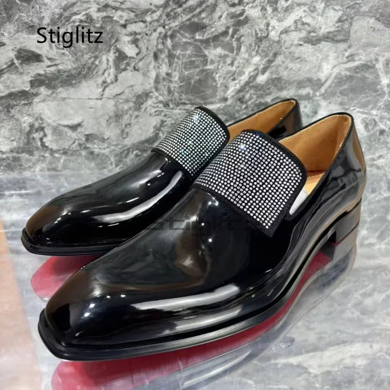Visco Rhinestone Men's Bright Leather Dress Shoes Black Square Toe Business Office Wedding Shoes Slip On Loafers Luxury Mlae Shoes