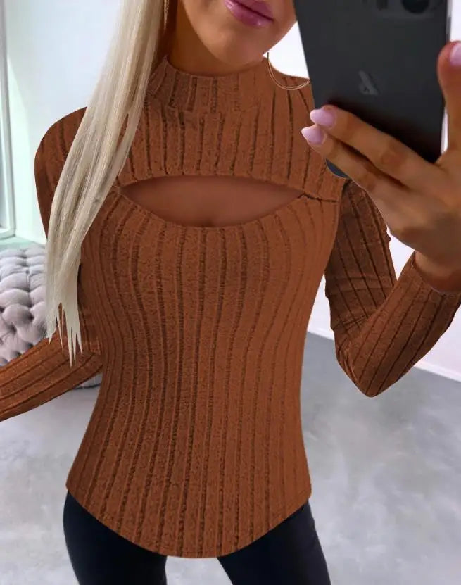 Maxy Standing Collar Hollow Out Long Sleeve Rib Top New Fashion Hot Selling Women's Autumn and Winter