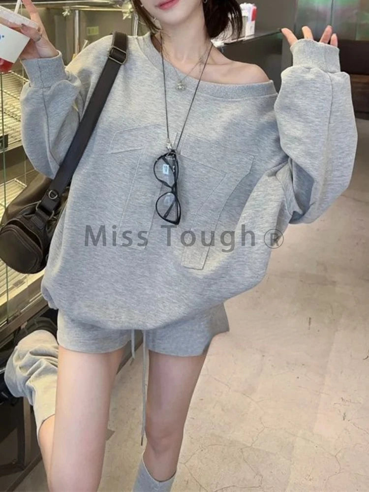 Maxy Fashion Gray Sport Style 2 Piece Set Loose Pullovers + Short Pant Women Autumn High Waist Slim Casual Sweatshirt New