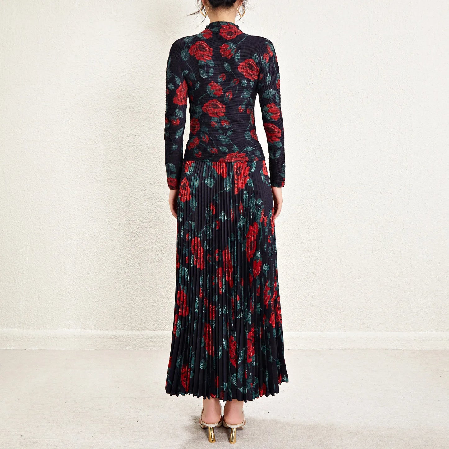 Maxy Momoka printed stretch top and long pleated skirt casual one size accept customized skirt two piece set