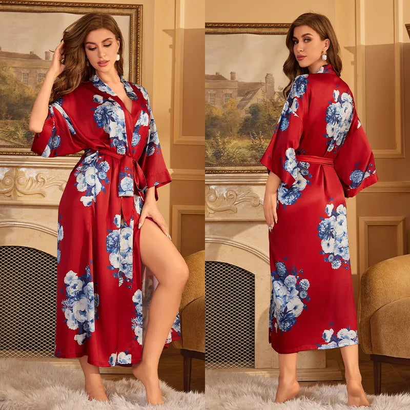 Maxy Japanese Style Half Sleeve Kimono Bathrobe Gown Female Long Robe Nightgown Sleepwear Loose Satin Print Flower Home Dressing Gown