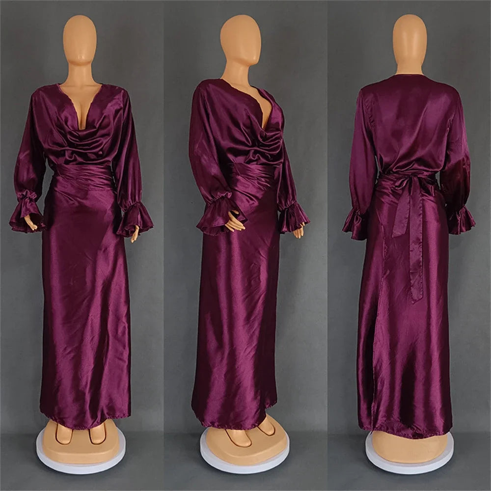 Maxy Elegant Women Summer Dress 2 Piece Set Shiny Satin Pile Collar Long Sleeve Tops and Wrap Midi Skirt Suit Party Church Clothes