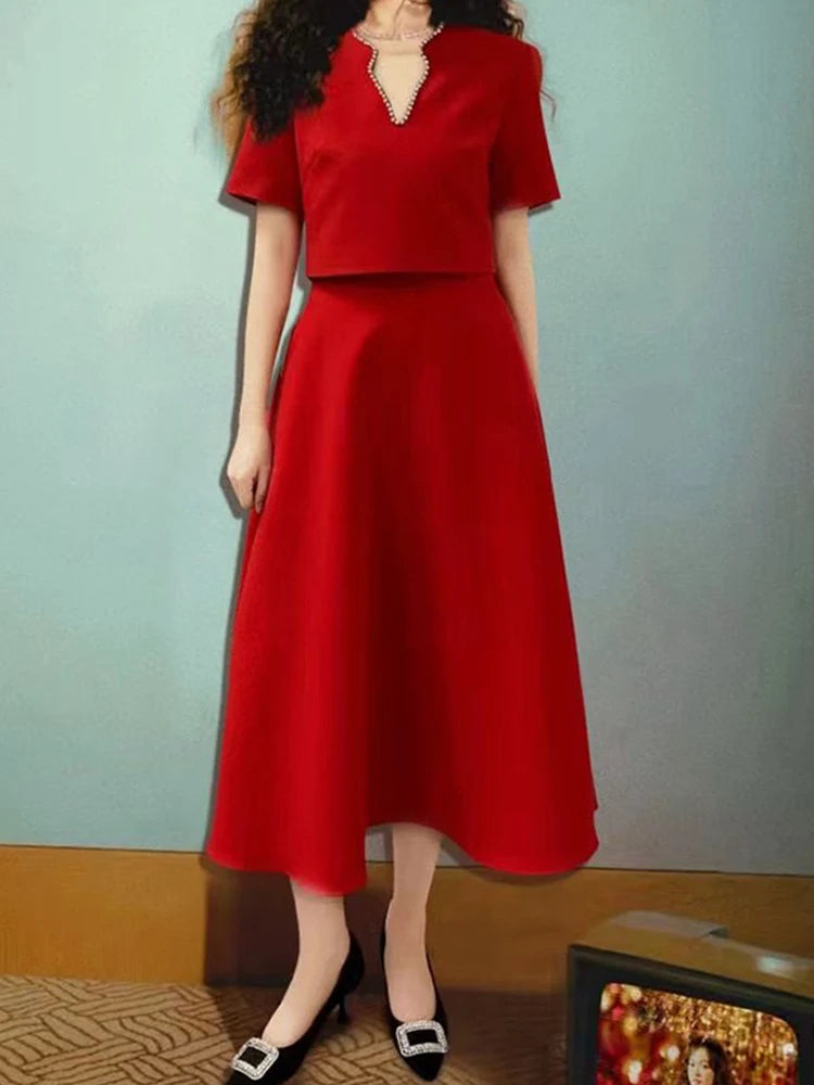 Maxy  Temperament spring new nail drill V-neck short-sleeved blouse+high waist A-shaped skirt elegant female two-piece suit